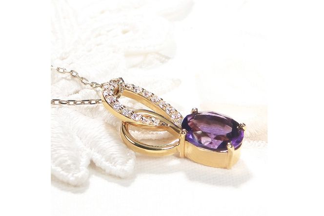 ペンダント ネックレス K18YG イエローゴールド 0.18ct ダイヤモンド アメジスト 大粒 オーバル 誕生石 華やか ハート 大ぶり 【f274-am-k18yg】 [株式会社オーダーメイドジュエリーメイ 山梨県 韮崎市 20745061]