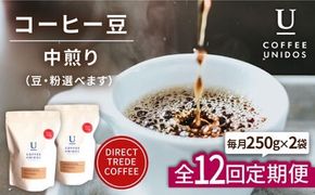【全12回定期便】中煎り コーヒー 豆 ウニドスブレンド 250g × 2袋 ( 豆 ・ 粉 選べます ) 糸島市 / COFFEE UNIDOS [AQF023] 珈琲 カフェ コーヒー粉