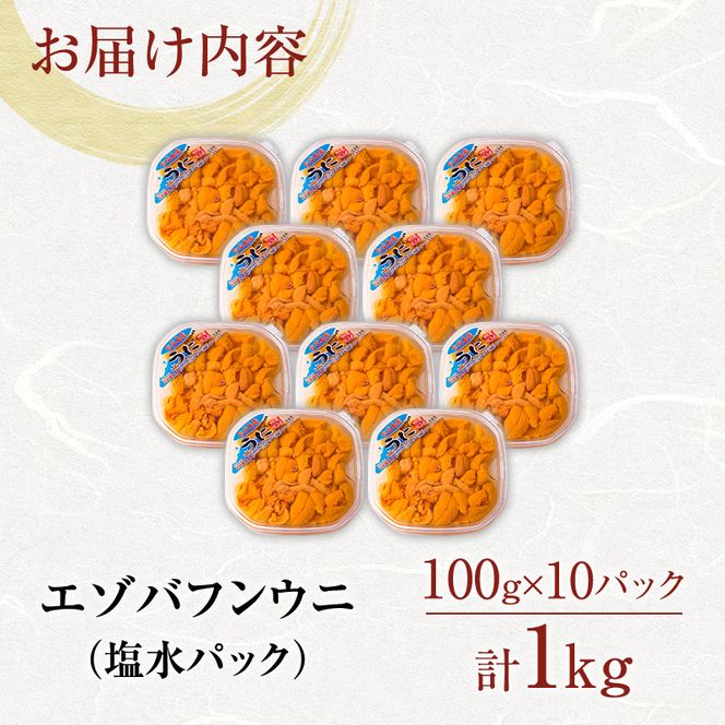 北海道 礼文島産 採れたて ミョウバン不使用 エゾバフンウニ 塩水パック 1kg(100g×10個)［株式会社やまじょう］【 うに ウニ 雲丹 生うに 塩水うに バフンウニ 滅菌海水 海鮮 うに丼 濃厚 甘み 大容量 】