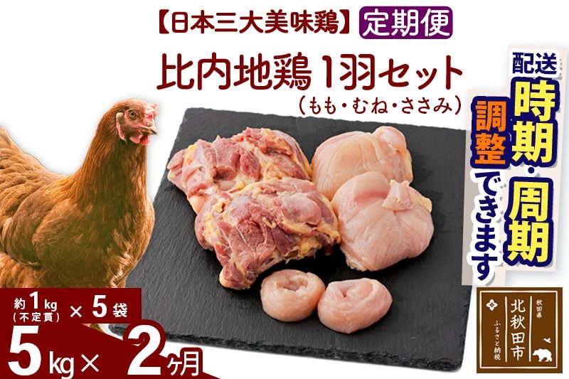 [定期便2ヶ月] 比内地鶏 1羽セット(もも・むね・ささみ) 約5kg(約1kg(不定貫)×5袋)×2回 計10kg 時期選べる お届け周期調整可能 3か月 3ヵ月 3カ月 3ケ月 10キロ 国産 冷凍 正肉 鶏肉 鳥肉|jaat-021502