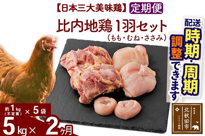 《定期便2ヶ月》 比内地鶏 1羽セット（もも・むね・ささみ） 約5kg（約1kg（不定貫）×5袋）×2回 計10kg  時期選べる お届け周期調整可能 3か月 3ヵ月 3カ月 3ケ月 10キロ 国産 冷凍 正肉 鶏肉 鳥肉|jaat-021502