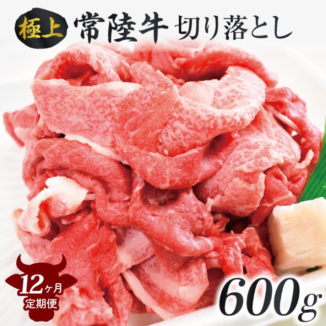 【12ヶ月定期便】茨城最高のブランド牛【常陸牛切り落とし】約600g｜肉 お肉 牛肉 常陸牛 切り落とし ブランド牛 定期便 お肉定期便 茨城県 行方市(J-16)