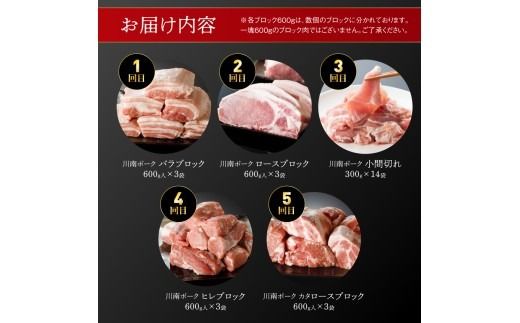 宮崎県産豚肉部位別食べ比べ定期便「5ヶ月コース」 【 宮崎県産 川南町産 肉 豚肉 定期便 ブロック 小間切れ バラ ロース ヒレ 肩ロース 送料無料 】 [B05011t5]