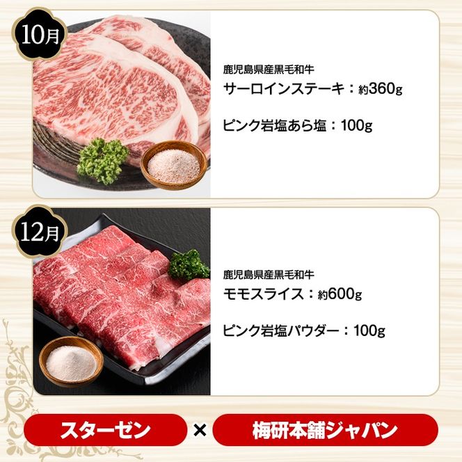 ＜定期便・全4回(4月・7月・10月・12月)＞岩塩付き！鹿児島県産 黒毛和牛満喫定期便 (総量2.3kg超) 国産 牛肉 モモ スライス サーロイン ステーキ 切り落とし ロース 焼肉 焼肉セット コラボ ピンク 岩塩 【スターゼン×梅研本舗ジャパン】akn501-05