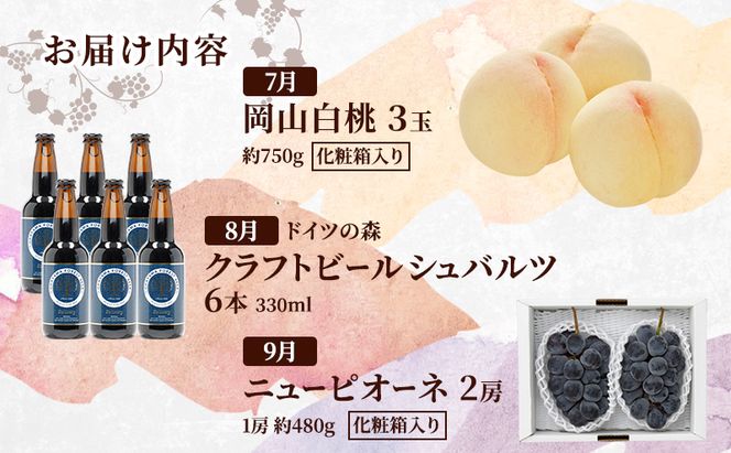 定期便 2026年 先行予約 ドイツの森の人気商品と岡山の人気果物 堪能 5回コース 桃 白桃 ビール ぶどう ピオーネ シャインマスカット ドイツの森 ソーセージ 赤磐市