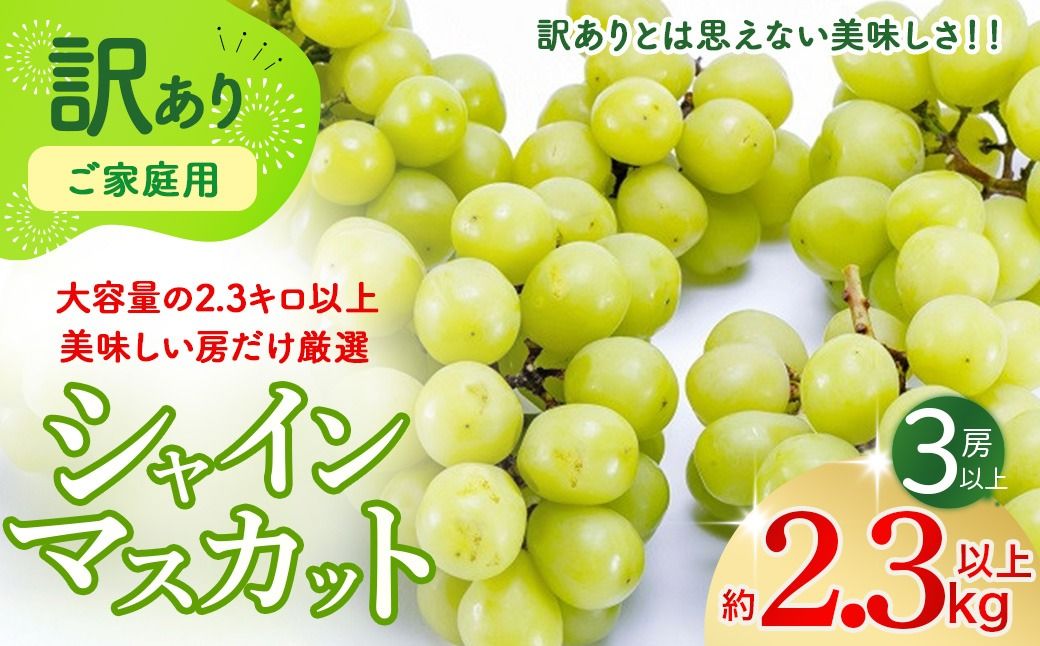 [2025年発送]訳あり 2.3kg 3房以上 シャインマスカット 先行予約 山梨県産 国産 産地直送 人気 おすすめ 贈答 ギフト お取り寄せ フルーツ 果物 くだもの ぶどう ブドウ 葡萄 わけあり ワケアリ 新鮮 甘い 皮ごと 甲斐市 BI-1