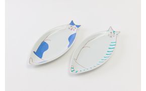 ハレクタニ　ネコ皿　ペア（GR・BL） 172111_CY7004