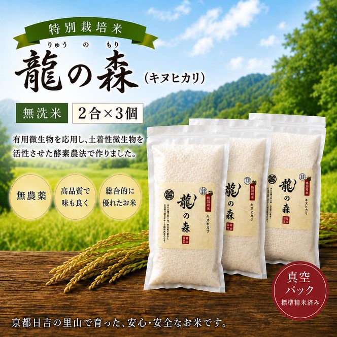 特別栽培米 「 龍の森 」( キヌヒカリ )　300g×3パック お米 無洗米 きぬひかり 真空パックでお届け 米 コメ 精米 無洗米 白米 ごはん 白飯 京都府 南丹市