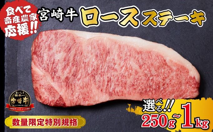 [内閣総理大臣賞 4大会連続受賞]宮崎牛 ロースステーキ 250g~1kg(牛肉 黒毛和牛 畜産農家応援 ロース ステーキ 赤身 数量限定)