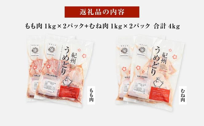 紀州うめどり もも肉 1kg × 2パック ＆ むね肉 1kg × 2パック 合計 4000g セット 冷凍 鶏肉 鶏 地鶏 肉  	EQ09