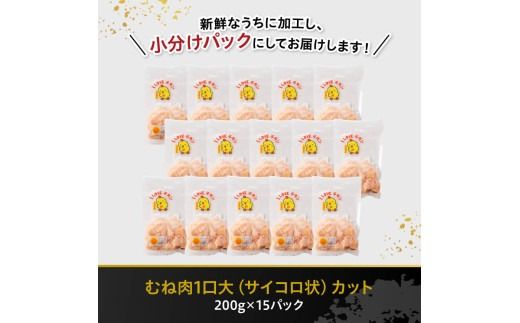 《発送月が選べる》宮崎県産若鶏　むねサイコロカット　3kg（200ｇ×15Ｐ） 【 鶏肉 鶏 肉 国産 九州産 宮崎県産 ムネ 真空パック 小分け 】 [C06905]