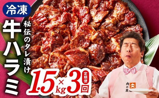 099Z518 【定期便】牛ハラミ肉 1.5kg×全3回【小分け 300g×5P 秘伝の赤タレ 味付き 焼肉 訳あり サイズ不揃い 毎月配送コース】