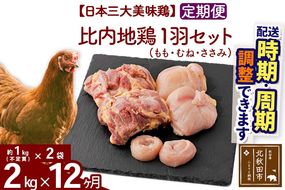 《定期便12ヶ月》 比内地鶏 1羽セット（もも・むね・ささみ） 約2kg（約1kg（不定貫）×2袋）×12回 計24kg 時期選べる お届け周期調整可能 12か月 12ヵ月 12カ月 12ケ月 24キロ 国産 冷凍 正肉 鶏肉 鳥肉|jaat-021212