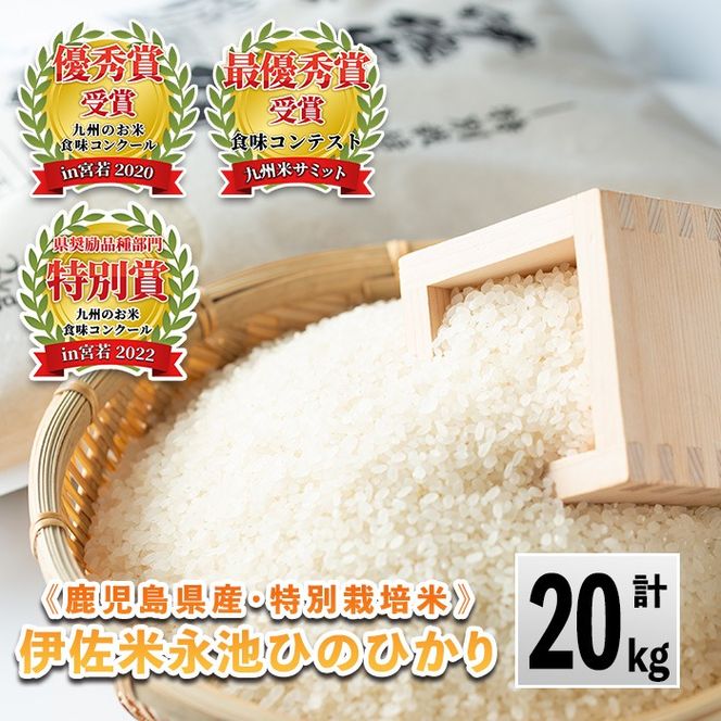 B8-05 令和6年産 特別栽培米 永池ひのひかり(計20kg・5kg×4袋)鹿児島でも極良食味のお米が出来る永池地区で作ったお米！九州米サミット食味コンテスト最優秀賞2回受賞【エコファーム永池】