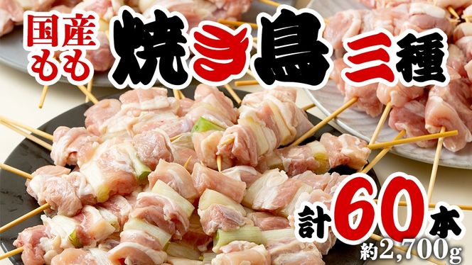 1本45g！合計約2700g！大満足の 国産鶏 焼き鳥 モモ3種60本 セット （各20本入り） 焼鳥 鶏肉 おかず おつまみ [AI10-NT]