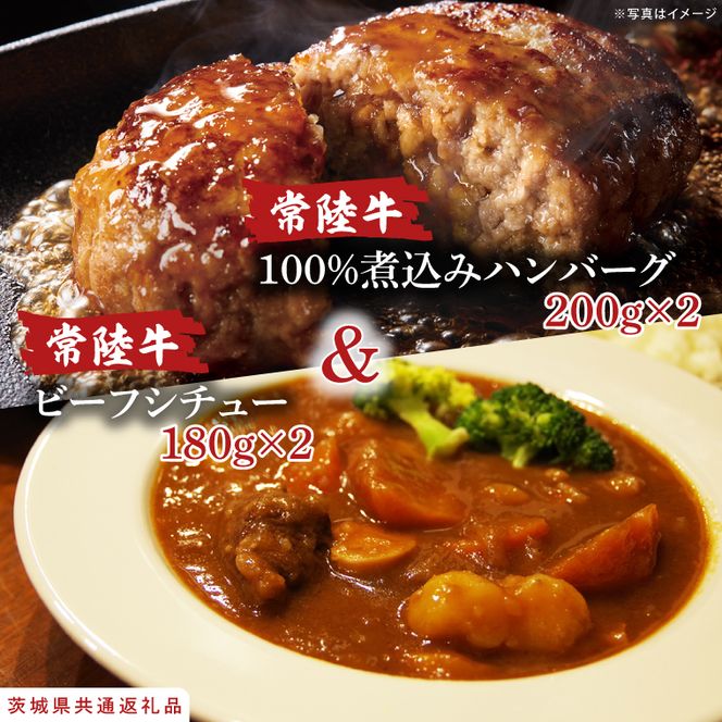 【茨城県共通返礼品】常陸牛ビーフシチュー(180g×2)＆常陸牛100％煮込みハンバーグ(200g×2)セット【牛肉100％ 和牛 シェフ監修 デミグラスソース 煮込み 湯煎 小分け 冷凍保存 ギフト お取り寄せ 北茨城市 茨城県】（AA219）