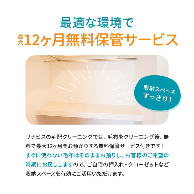 宅配クリーニングのリナビス 毛布クリーニング クーポン 毛布 1枚分 / クリーニング 保管 宅配 最大12か月無料保管 丸洗い 水洗い ふわふわ ふんわり 肌触りアップ ダニ駆除 ベッドパッド タオルケット リナビス