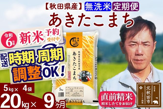 ※令和6年産 新米予約※《定期便9ヶ月》秋田県産 あきたこまち 20kg【無洗米】(5kg小分け袋) 2024年産 お届け時期選べる お届け周期調整可能 隔月に調整OK お米 みそらファーム|msrf-32209