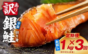 G4975 【定期便】銀鮭 切り身 1kg(約9切れ前後) 全3回【訳あり 規格外 甘塩 バラ凍結 海鮮 魚介 鮭 さけ しゃけ お弁当 朝食 おかず 簡単調理 家計応援】
