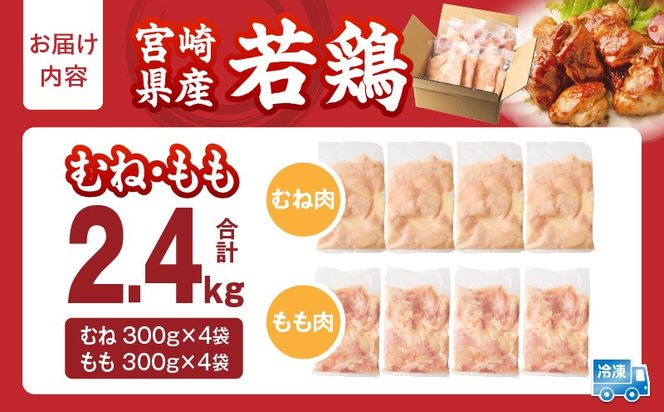 宮崎県産 若鶏切身 むね肉&もも肉 2.4kg（各300g×4袋）_b0772_it_x2