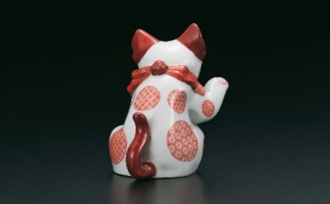 九谷焼　4号招き猫　赤絵細描丸紋　福島礼子作 a05 工芸品 
