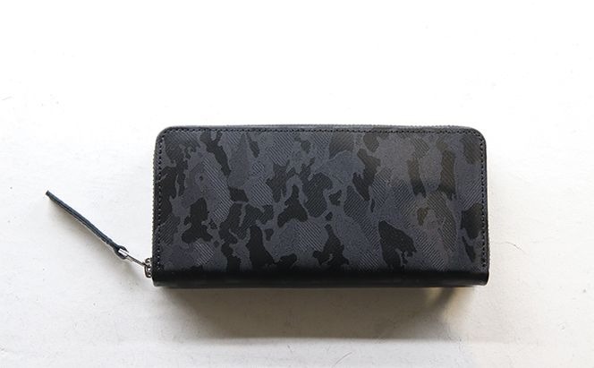 【裏地イエロー】型押しカモフラレザーのラウンドウォレット ファッション 小物 財布 迷彩 ラウンドウォレット長財布 小銭 お札 カード 手作り 日本製 皮 