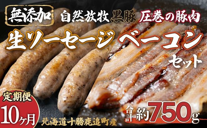 【定期10ヶ月】鹿追産 自然放牧圧巻の黒豚 無添加ベーコン＆無添加ソーセージ SKN072