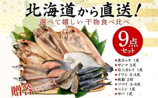 2918.  ふっくらやわらか 干物 9点セット 真ホッケ サンマ カレイ イワシ 秋鮭 コマイ ニシン サバ 秋刀魚 宗八鰈 鰯 鮭 鰊 鯖 海鮮 送料無料 北海道 弟子屈町