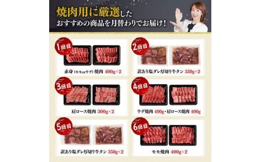 【6ヶ月定期便】厳選焼肉定期便【肉 牛肉 国産 宮崎県産 宮崎牛 焼肉 BBQ モモ ウデ 肩ロース 】[D11107t6]