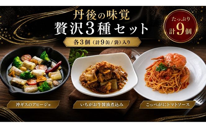 丹後の味覚お試し3種セット×各3個　パスタ ソース 簡単 時短 手軽 グルメ お取り寄せ カニ ズワイ 魚 肉 国産 保存 おかず おつまみ 缶詰 常温配送 常温保存 ごはんのお供 パン 京都　PM00031