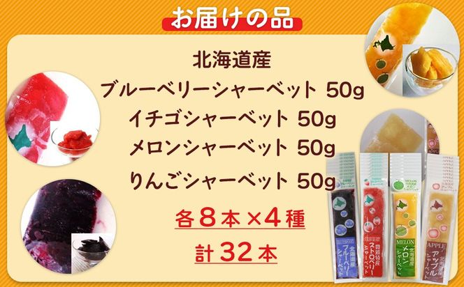 北海道 豊浦町 シャーベット 4種 味くらべ 各8本ずつ（ ブルーベリー、いちご、メロン、りんご ） TYUN020