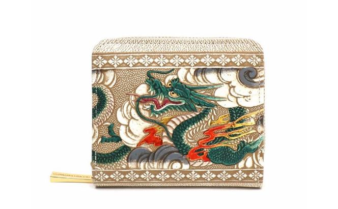 【文庫屋大関】二つ折りファスナーミニ財布 龍＜緑＞【皮革工芸品】財布 二つ折り 小物 お札 カード 小銭 コンパクト 牛革 手作り 日本製 墨田区 東京都