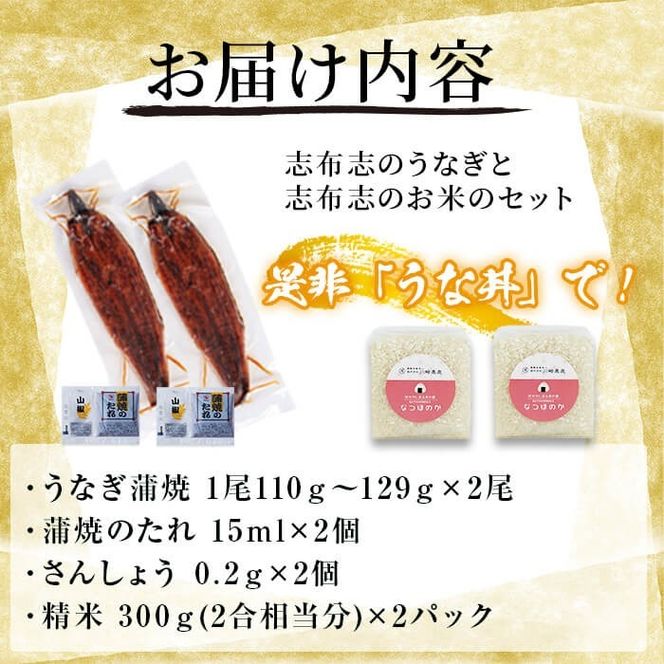 極うなぎ蒲焼き2尾(計220g以上)と真空包装米なつほのか(計600g・2合相当×2P) a5-295