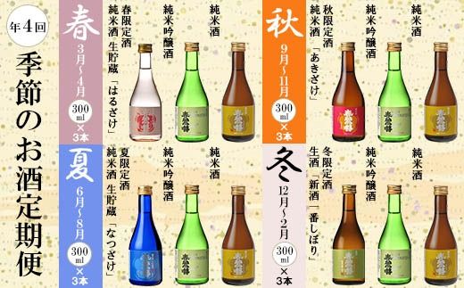 【季節のお酒定期便（ミニ）】【春鶯囀】季節限定のお酒と３本セット＜年４回発送＞ 　ミニサイズ 小瓶 純米酒 日本酒 お酒 地酒 清酒 銘酒 春鶯轉 富士川町 山梨 やまなし 300ml