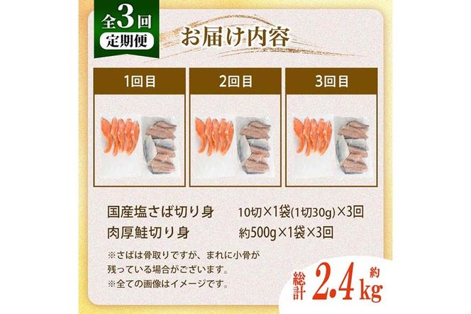 【定期便・全3回(連続)】骨取り 国産 塩さばと 肉厚 鮭 切り身 のセット(総計約2.4kg) 量 切身 塩 鯖 サバ 骨なし 骨とり 冷凍食品 小分け パラパラ冷凍 肉厚 鮭 厚切り しゃけ さけ サケ 切身 塩鮭 【AW-141】【丸正水産】