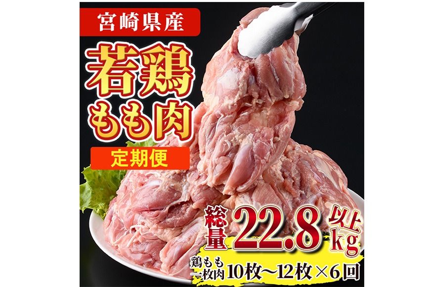 [定期便・全6回]宮崎県産若鶏もも肉(総量22.8kg以上・鶏もも一枚肉250〜350g×10〜12枚×6回) お肉 鳥肉 とり肉 鶏肉 若鶏 もも肉 国産 宮崎県産 唐揚げ から揚げ からあげ 冷凍 便利 [南九フーズ][NK-23]