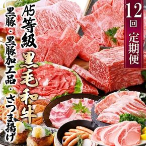 定期便(12回配送)枕崎お楽しみ便(A5等級黒毛和牛・黒豚・黒豚加工品・さつまあげ等)JJ-6003 【1166754】