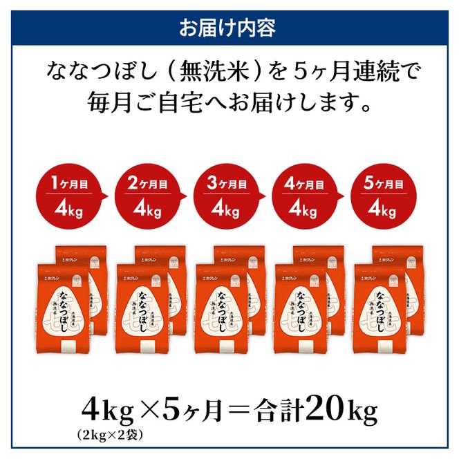 5ヵ月 定期便 (無洗米4kg)ホクレン喜ななつぼし(無洗米2kg×2袋) 北海道米 お米 白米 ごはん ご飯 ライス 和食 炭水化物 主食 おにぎり お弁当 ほど良い粘り 豊かな甘み つややか 特A [JA新おたる]  