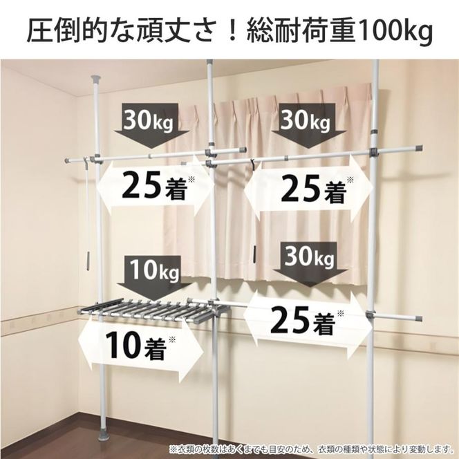 突っ張り棒 ハンガーラック 2段 幅170-220cm 伸縮 耐荷重100kg 高さ調節 天井突っ張り式 つっぱり棒 ロング ポールハンガー 強力 服 衣類 収納 部屋干し 室内物干し 物干し竿 洗濯物 一人暮らし 新生活 白 ホワイト SunRuck SR-TH03SL