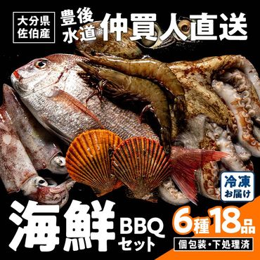 海鮮 BBQ セット (6種・18品) 魚 天然 赤足エビ アカアシ エビ 緋扇貝 ヒオウギ サザエ 鯛 タイ イカ タコ 下処理 済み 高級 豊後水道 個包装 冷凍 大分県 佐伯市 【FZ008】【波平食堂】