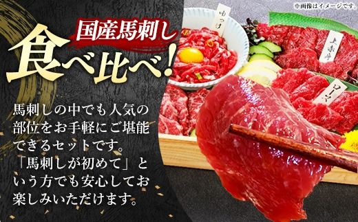 国産４種馬刺し食べ比べセット（彩）【熊本と畜】 - 馬肉 馬刺 上赤身 霜降り ロース ユッケ おつまみ 晩酌 冷凍 ブロック 醤油 ユッケタレ 国産 国内産 熊本県 甲佐町