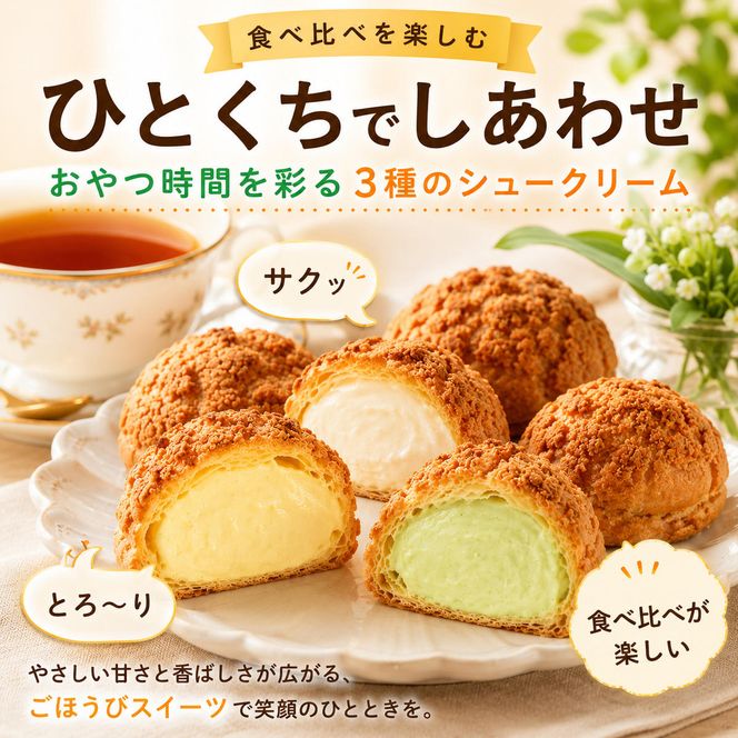 シュークリーム3種セット シュークリーム 3種 6個入 セット 詰め合わせ カスタード チーズ ずんだ 宮城 名物 食べ比べ 冷凍 スイーツ ギフト お取り寄せ 焼き菓子 お菓子 個包装 大河原町 おてんとさん 自社製造