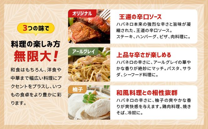 ハバネブロ３本セット (オリジナル・柚子・アールグレイ)×５箱　60ml×3 （５箱）｜京都 ハバネロ ホットソース 辛口 調味料 人気セット[ 自然素材のハバネロソース 国産ハバネロ 化学調味料無添加 人気 おすすめ 調味料 香辛料 ソース ギフト プレゼント お取り寄せ 通販 送料無料 ふるさと納税 ] 261009_A-ABN003