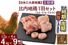 《定期便9ヶ月》 比内地鶏 1羽セット（もも・むね・ささみ） 約4kg（約1kg（不定貫）×4袋）×9回 計36kg 時期選べる お届け周期調整可能 9か月 9ヵ月 9カ月 9ケ月 36キロ 国産 冷凍 正肉 鶏肉 鳥肉|jaat-021409