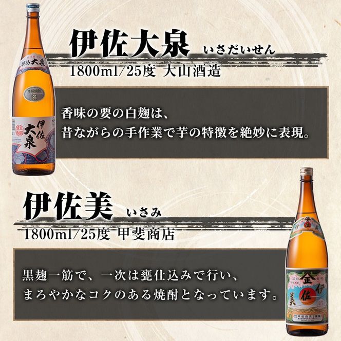 isa924 【定期便12回(連続月)】地元3蔵元セット 伊佐錦・伊佐美・伊佐大泉 各1.8L 合計36本(3種各1本×12回) 鹿児島 本格芋焼酎 芋焼酎 焼酎 一升瓶 飲み比べ 詰め合わせ 詰合せ 【酒乃向原】