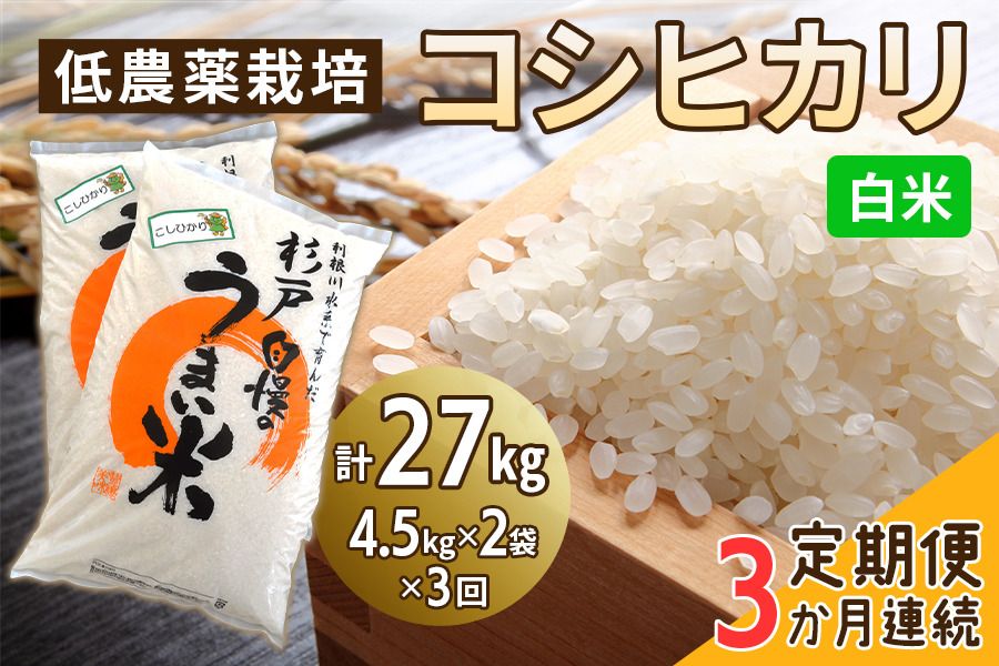 [定期便/3ヶ月] 低農薬栽培のコシヒカリ[白米]計27kg (4.5kg×2袋×3ヶ月連続)|おいしい お米 コメ こめ ご飯 ごはん お取り寄せ 直送 贈り物 贈答品 ふるさと納税 埼玉 杉戸 [0649]