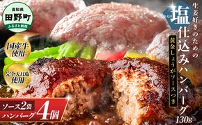 塩仕込みハンバーグ 4個入り 黄金しょうがソース付 2袋 美鮮豚 びせんとん 生姜 田野屋青蜂 白鯆 完全天日塩 肉 お肉 国産牛 四万十ポーク おかず 惣菜 ジューシー おいしい 洋食 お取り寄せ 冷凍 配送 高知県 田野町