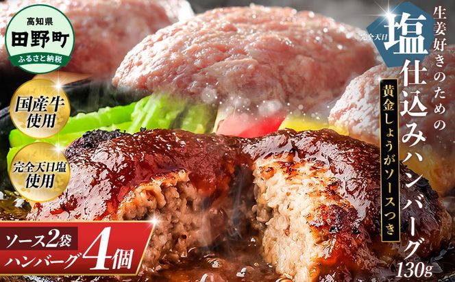塩仕込みハンバーグ 4個入り 黄金しょうがソース付 2袋 美鮮豚 びせんとん 生姜 田野屋青蜂 白鯆 完全天日塩 肉 お肉 国産牛 四万十ポーク おかず 惣菜 ジューシー おいしい 洋食 お取り寄せ 冷凍 配送 高知県 田野町