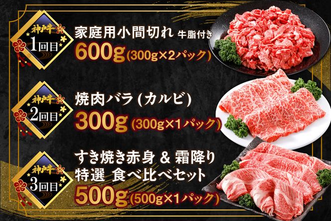 【神戸牛 定期便 平山牛舗の厳選神戸牛 月1回発送 全6回 冷凍 産地直送】①小間切れ600g ②焼肉バラ（カルビ）300g ③赤身&霜降り特選食べ比べセット500g ④赤身ステーキ150g×2 ⑤切り落とし1kg ⑥特上サーロイン・リブロースすき焼き400g 牛肉 KOBE BEEF 神戸牛 但馬牛 ふるさと納税 おすすめ 返礼品 但馬 神戸 美方 小代 兵庫県 香美町 平山牛舗 61-14