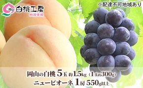 桃 ぶどう 2026年 先行予約 白桃 5玉 合計約1.5kg（1玉 約300g） ニューピオーネ 1房 550g 詰合せ もも モモ 葡萄 ブドウ ピオーネ 岡山県産 国産 フルーツ 果物 ギフト 桃茂実苑 